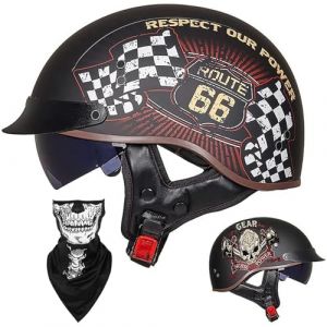 Casque Moto Demi Casque Bol Brain - Cap RéTro Harley Jet Casque Certifié ECE Cruiser Chopper Scooter Pilote Casque Lunettes IntéGréEs Unisexe Casque à DéGagement Rapide,I-L=（59~60cm） (GAOSHUXIA666, neuf)