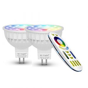 Lighteu, 2 x Ampoule LED Multicolore RVB/RGB plus blanc chaud, WiFi, 4W/GU5.3, Milight original®, intensité variable, possible de contrôler par Télécommande sans fil 2.4GHz RF, Android ou iPhone (2 x 4W/GU5.3 + Télécommande) [Classe énergétique A+] (LIGHT