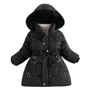 Maeau - Enfant Fille Manteau en Duvet &agrave; Capuche D&eacute;tachable Hiver Veste Mi-longue Chaude Parka Matelass&eacute;e Doudoune Rembourr&eacute; Coupe-Vent avec Ceinture - Noir - 4-5 Ans (YDAEU, neuf)