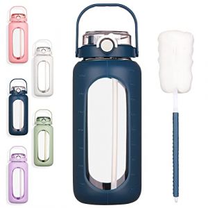 BLUEGO 2L Gourd en verre Avec paille Marqueur de temps Bouteille d'eau Motivation avec manchon en silicone 2 litres Grande carafe d'eau en Verre pour Gym, sports et entra&icirc;nement, Bleu fonc&eacute; (Banxiashenghua, neuf)
