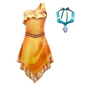 Lito Angels Deguisement Costume Robe de Princesse Pocahontas avec Collier pour Enfant Fille Taille 5-6 ans, Jaune orange (étiquette en tissu 120) (Lito Angels FR, neuf)