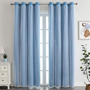 Freyamy Rideau Occultant &Eacute;toile Creux Rideaux Thermique Isolant Anti Froid Rideaux &agrave; Oeillets L&eacute;ger Rideaux de Fen&ecirc;tre avec Voile pour Enfants Filles Chambre Salon 2 Pi&egrave;ces 183x132cm(H&times;L) Bleu (Mitchell'SZ, neuf)