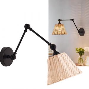 Alpinaluz Applique murale avec bras oscillant - Structure m&eacute;tallique noire et abat-jour conique en rotin naturel tiss&eacute; &agrave; la main - Lampe rustique industrielle E27 pour chambre, salon, couloir (ALPINALUZ, neuf)
