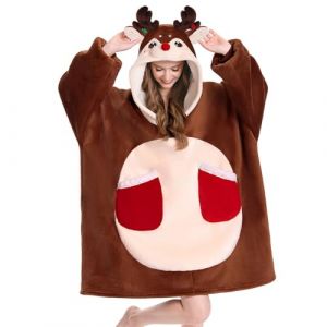 OLAOLA Sweat &agrave; Capuche Couverture Surdimensionn&eacute;e Renne pour Adultes, Pull Plaid &agrave; Capuche en Polaire Sherpa avec Manches et Poches, Sweat Plaid Doux et Chaud pour Femme Homme (pitgeem, neuf)