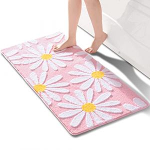 QJHOMO Tapis de Salle de Bain Rose Mignon - Tapis de Bain Antid&eacute;rapant Lavable avec Marguerites et Fleur Blanche et Jaune - Doux et Absorbant - 60 x 120 cm (QJHOMO, neuf)
