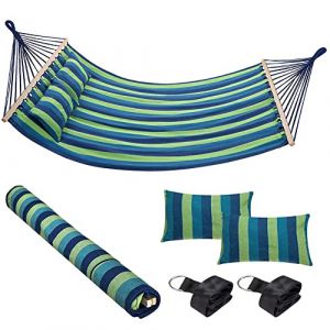 Bakaji Hamac de Jardin Double 2 Places 232 x 148 cm Barres transversales en Bois Rev&ecirc;tement en Poli Coton avec 2 Coussins et Sangles Design Moderne pour Jardin Terre Camping (Bleu) (Esplodia, neuf)