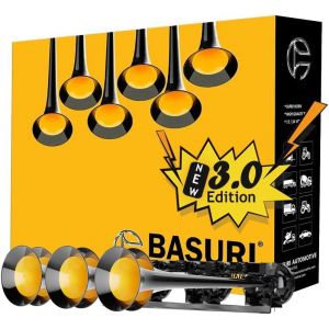 NEU BABY SHARK 3.0 + Compresseur + Cabblage Raccords | Klaxon Basuri Musicaux Melodie Trompes | 12-24 Volts | 130 DB 6 Super Puissant Trompette | 20 Son Pour Camion,Tracteur,Agricoles,4x4,Van,Voiture (SUV4X4CUSTOM, neuf)