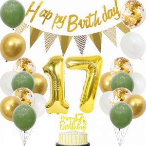 Yunchu Online D&eacute;coration d'anniversaire du 17e anniversaire pour gar&ccedil;on et fille &ndash; Sauge verte, blanche et dor&eacute;e &ndash; D&eacute;coration de g&acirc;teau pour f&ecirc;te des 17 ans (Yunchu Online, neuf)