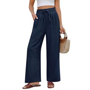 PASUDA Pantalon Femme &Eacute;t&eacute; Lin Pantalons D&eacute;contract&eacute;s Pantalon Taille Haute Elastique Pantalon en Coton Chanvre L&eacute;ger Large Pantalon Fluide Ample avec Poches (Marine, XXL) (Amutoo, neuf)