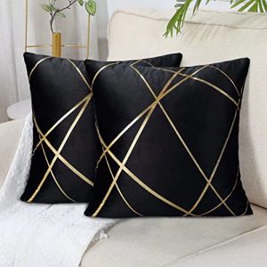 DecorMommt Velours Housse de Coussin 45 x 45Cm Coussin Noir D&eacute;coratifs Housses d'oreiller Lignes Dor&eacute;es G&eacute;om&eacute;trie Coussin Salon Chambre Banc Taie Coussin canap&eacute; Lot de 2 (CozyHome Choice, neuf)