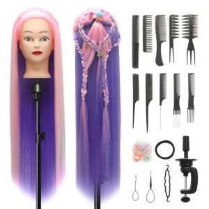 Tete a Coiffer, 28 inch 100% de Cheveux Synthétiques Têtes d'exercice Tête À Coiffer Coiffure Cosmétologie tete a coiffer professionnelle Poupée avec Support + Ensemble de Tresse (Bleu rose) (Guangzhouxinfeifazhipinmaoyiyouxiangongsi, neuf)