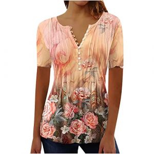 Chemisier Femme Chic et Élégant Manches Courtes Tshirt Chemisiers Et Blouses Grande Taille Imprimé Plissé Henley Tunique Tops Col V Blouse de Soie Boheme Haut Tunique Été Tee Shirt Femmes Solde (⭐⭐⭐⭐⭐AEGJEGVD(5-15 jours Arrivé), neuf)