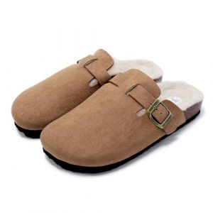 JOMIX Sabot Fourrure Femme Hiver Chaussons Élégant Pantoufles à Semelle en Liège Avec Boucle Chaude Confortable MD2439 (Kaki, 41) (JOMIX EUROPE, neuf)