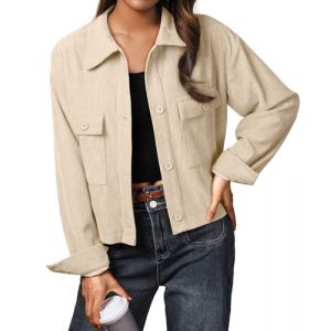 IWOLLENCE Veste en velours côtelé pour femme - Veste courte à manches longues à revers boutonnée - Manteau shacket, Abricot, L (IWOLLENCE FR, neuf)