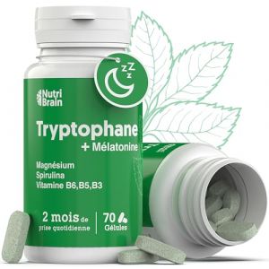 Mélatonine + Tryptophane de Qualité Pharmaceutique | Produit Haute Puissance | Sommeil Parfait, Énergie, Concentration, Bien-Être, Réduction de l'Anxiété, Anti-Stress | Avec Spiruline, Vit B6, B5, B5 (NutriBrain, neuf)