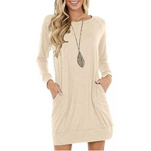 PrinStory Robe pull pour femme, manches longues, mini robe d'hiver d&eacute;contract&eacute;e, tricot l&acirc;che, pullover, tunique, top basique avec poches lat&eacute;rales, beige, L (prinstoryuk, neuf)
