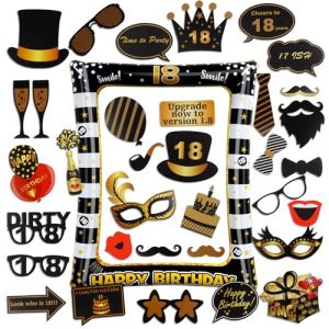 AIBAOBAO Accessoires Photobooth Anniversaire 18 Ans, 34 Pcs Accessoires Photomaton avec Grand Cadre Photo Gonflable Noir Dor&eacute; pour Selfie, Photo Booth pour Decoration Anniversaire 18 Ans Garcon Fille (zjc nl, neuf)
