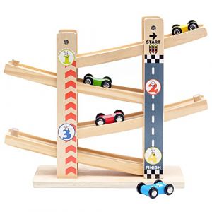 Voiture Rampe de Course Jouets, Toboggan Voiture Bois avec 4 Mini Voitures, Circuit Rampe Voiture, GlissièRe en Zigzag Jeu, Circuit Voiture Enfant pour 1 2 3 Ans (Maycoly, neuf)