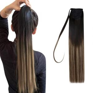 Hetto Queue de Cheval Extension Cheveux Naturel Noir Ombre 45cm Extension Cheveux Naturel Queue de Cheval Noir Ombre à Brun Foncé Fraise Blonde Remy 80g #1b/4/27 (Hetto FR, neuf)