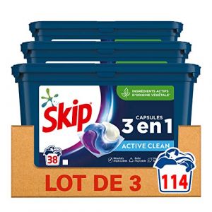Skip Ultimate Lessive Capsules Trio Active Clean x114, Capsules 3en1 Méga Pack, Efficacité, Soin des Fibres et Fraîcheur Longue Durée 114 Lavages (Lot de 3x38 Capsules) (FeliMarket, neuf)