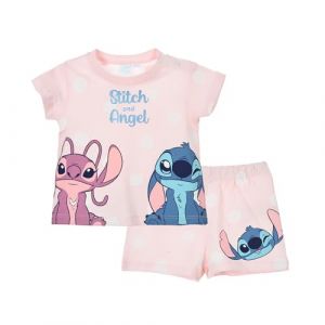 Disney Stitch et Angel Ensemble 2 Pièces pour Bébé Fille, Pyjama en Coton Doux T-shirt et Short, Taille 18 Mois | Rose (La Esencia, neuf)