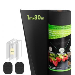 Dripex Toile de Paillage avec 50pcs de Piquets Contre Les Mauvais Herbes, G&eacute;otextile Non Tiss&eacute; 1mx30m Toile de Paillage, 100g/m&sup2; Anti-Mauvaises Herbes, Perm&eacute;able &agrave; l'eau, R&eacute;siste Rayons UV (Elektronik Trade, neuf)
