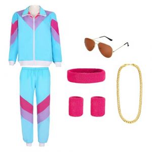 Deguisement Annee 80 Homme Femme Surv&ecirc;tement Ensemble avec Prot&egrave;ge Poignets Lunettes de Soleil et Cha&icirc;ne Plaqu&eacute;e,D&eacute;guisement Carnaval Femme,Deguisement Disco Femm Homme pour Carnaval F&ecirc;te (Bleu, XXL) (ZLo Direct, neuf)