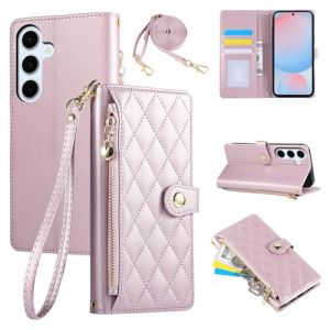 Rosbtib &Eacute;tui pour Samsung Galaxy S24 FE 5G 6.7 Pouces 2024, Coque pour t&eacute;l&eacute;phone Portable en Cuir PU avec Broderie en Losange, Galaxy S24 FE 5G &Eacute;tui &agrave; Rabat avec dragonne et bandouli&egrave;re, Rose (Tengkai Technology, neuf)