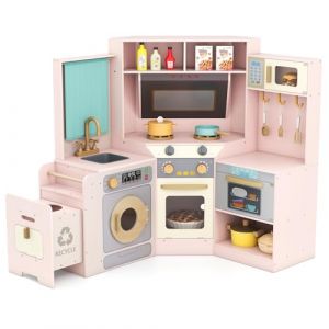 COSTWAY Cuisine Enfant d'angle avec Poubelle Coulissante, Lave-Linge & Lave-Vaisselle & Four, Cuisine en Bois Enfant avec Rideau, &Eacute;vier, Cuisini&egrave;res, Lumi&egrave;res et Sons, Accessoires pour 3+ Ans (Rose) (FDS GmbH, neuf)
