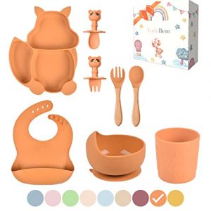 TudoBem Coffret Repas Bebe Silicone [8 Pièces], Assiette Ventouse pour Bébé + Bavoir Ajustable + Bol Antidérapant + Cuillere/Fourchette 1er âge et 2ème Age + Verre, Cadeau Naissance (Orange) (Galopins, neuf)