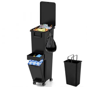 GIANTEX Poubelle de Tri Selectif 32 L, Poubelle Cuisine 3 en 1 avec 2 Bacs Amovibles, Tiroir, Poign&eacute;es Lat&eacute;rales, P&eacute;dale, Autocollants pour Tri des D&eacute;chets, Poubelle &agrave; Roulettes pour Cuisine (Noir) (GIANTEX, neuf)