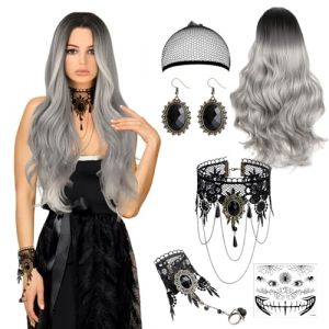Perruque de carnaval grise pour femme - Costume d'Halloween - Perruques grises longues avec collier gothique bracelets et autocollants - Perruque grise - Cheveux longs bouclés pour Halloween, (Pundera, neuf)