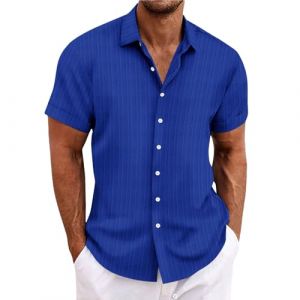 Chemise en lin pour homme - Manches courtes - Chemise en lin - Chemise de loisirs - Coupe droite - Chemise d'été avec col montant - Décontractée - Coupe droite - Chemise rayée, bleu foncé, XL (runBel, neuf)