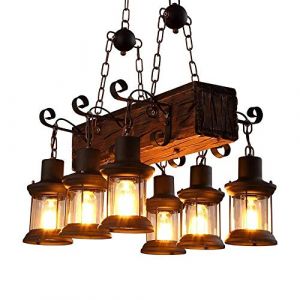 JIAODIE Rétro Lustre L'ancienne Chandelier Lustres Lumières Ancien Plafonnier Industriel Creative Suspensions Lamp Bar Comptoir Décoration Café Restaurant Bois Massif Lumières Suspendues,6*E27 (JIAODIE, neuf)