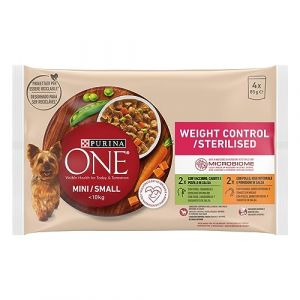 Purina ONE Mini < 10 kg Nourriture Humide pour Petit Chien Light, contr&ocirc;le du Poids avec Dinde et Porc, 4 sachets de 85 g (Barakaldo Vet Shop, neuf)