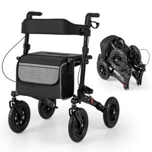 COSTWAY D&eacute;ambulateur Pliable Tout-Terrain &agrave; 4 Roues avec Si&egrave;ge, Rollator avec Pneus de 23 cm Hauteur R&eacute;glable Dossier Ergonomique et Cadre en Aluminium L&eacute;ger (62 x 82 x 81,5-97 cm,Noir) (FDS GmbH, neuf)