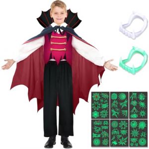 Tutukyle Déguisement Vampire Garçon Deguisement Halloween Vampire Enfant Dent de Vampire Enfant Cape Noir Rouge Tatouage Stickers pour Cosplay Halloween Carnaval Gothique Soirée (LINGYEAL, neuf)