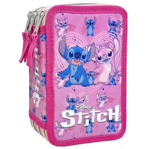 Clondo Trousse 3D &agrave; 3 Compartiments pour Fille, pour Stitch Fans, Triplement Garnie, 44 Accessoires pour l'&Eacute;cole Primaire, 3 Fermetures &Eacute;clair, 20 cm, Rose (REGALANDIA, neuf)