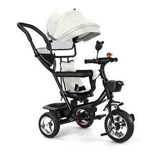 Tricycle Enfant Évolutif avec Siège Réversible, Tricycle Bébé Évolutif 4 en 1, avec Poignée de Poussée Réglable, Canne, Cloche et Rétroviseurs, Harnais de Sécurité 9 Mois à 5 Ans (Gris) (Hechheu, neuf)