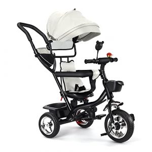 Tricycle Enfant Évolutif avec Siège Réversible, Tricycle Bébé Évolutif 4 en 1, avec Poignée de Poussée Réglable, Canne, Cloche et Rétroviseurs, Harnais de Sécurité 9 Mois à 5 Ans (gris) (Hechheu, neuf)