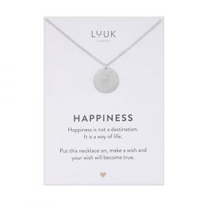 LUUK LIFESTYLE Collier avec pendentif pi&egrave;ce de cerf en acier inoxydable (50 cm), carte HAPPINESS, id&eacute;e cadeau pour femme, anniversaire, No&euml;l, porte bonheur, bijoux modernes, Argent (LUUK Brands, neuf)