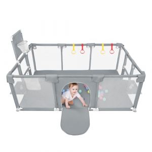 OHMG 180X120CM Parc Bebe,Parc Enfant,Grand Parc Bebe avec Barrières,Parc Bébé en Tissu Oxford, Parc De Jeux Bébé pour Appartement,Basketball Rack,50 Balles,4 Anneaux (Gris profond, 180 * 120 * 66cm) (jusiZL, neuf)