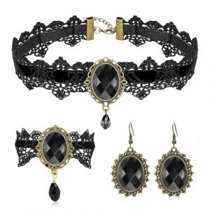 Noire Collier Gothique Dentelle avec Boucles d'Oreilles Bracelets Bijoux Victorien Vintage Gothique Noir Halloween D&eacute;coration pour Carnaval, Halloween, Mascarade (HALINESION, neuf)