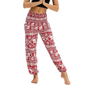 Nuofengkudu Femme Harem Pantalon Sarouel Thaïlandais Hippie Baggy Léger Boho Ethnique Smockée Taille Haute avec Poches Yoga Pants Été Plage ,Rouge Éléphant B,Taille unique (better Life, neuf)