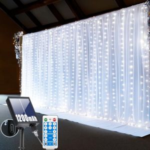 RJEDL Solaire Rideau lumineux 3x3M, 300 LED Solaire Rideau lumineux extérieur,8 modes, Solaire rideau lumineux intérieur courant USB,IP65 étanche Avec télécommande Minuterie et fonctions (Happy shopping String Lights, neuf)