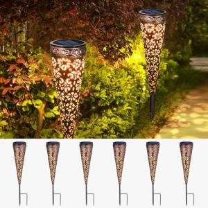 Görvitor Lot de 6 lampes solaires pour extérieur de jardin - En métal - Avec étanchéité IP65 - LED blanc chaud - Avec piquet pour décoration de balcon, terrasse, jardinière (KAITOR, neuf)