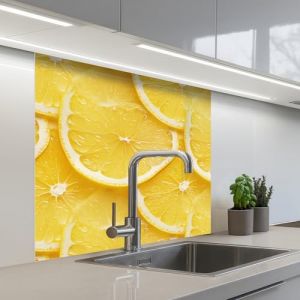 KitchenYeah&copy; Cr&eacute;dence Cuisine &Agrave; Coller 80x80 cm Protection Plaque De Cuisson Adhesif Plastique Rigide Dalle Murale Tranches - Citron - Jus (KitchenYeah, neuf)