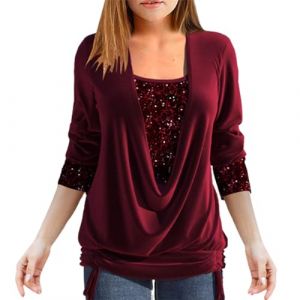 Chemisier Femme Paillettes Strass Sexy Soir&eacute;E Haut Faux Deux Pi&egrave;ces Ample &agrave; Smocks et Col en U &agrave; Sequins Blouses Manche Longue Chic Et &eacute;L&eacute;Gant (⭐⭐⭐⭐⭐Zeiayuas, neuf)