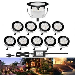 CHNXU 10 Spot LED Eclairage Ext&eacute;rieur Encastrable Sol Terrasse Bois,45mm Spots Encastr&eacute; Ext&eacute;rieur Fait en IP67 DC12V 1W Avec Alimentation EU Pour Jardin Escalier Patio Blanc Chaud(Noir) (CHENXU, neuf)