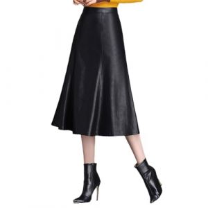 Saeohnssty Jupe Longue en Cuir V&eacute;ritable pour Femme, Jupe en Peau De Mouton, Taille Haute, Noire, Ligne A, pour Le Bureau, Automne Et Hiver (Qinqinbaby, neuf)